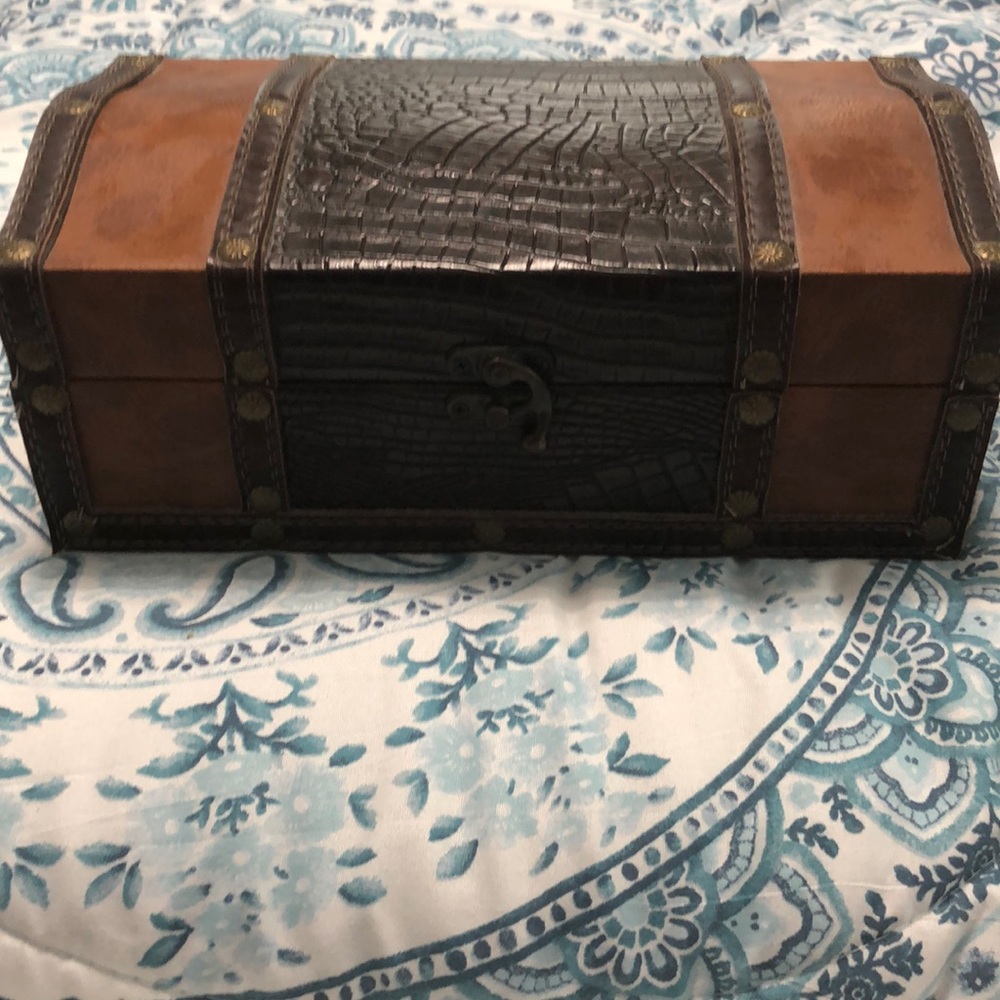 A beautiful leather and wood box hand sewed stitching with studs